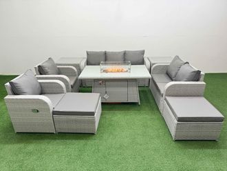 Fimous PE Rattan Garden Furniture Set Reclining Chair Sofa Double Love Seat 2 Seater Sofa Lounge Set Firepit Dining Table 2 Big Footstool 2 Side