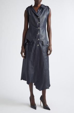 Alexander McQueen Asymmetric Leather Shirtdress in Navy at Nordstrom, Size 6 Us
