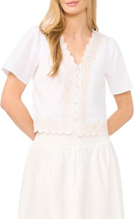 CeCe by Cynthia Steffe Embroidered V-Neck Crop Stretch Cotton Button-Up Shirt in Ultra White at Nordstrom, Size X-Large