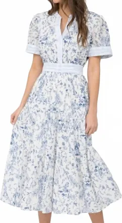 August Sky Blooming Print Split Neck Short Sleeve Midi Dress In Light Blue