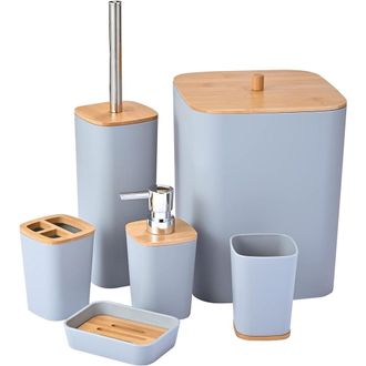 Trade Shop Trade Shop - Conjunto De Ba&ntilde;os Ba&ntilde;o Bambo 6pcs Moderno Banner Black Barbage Sapon Dispensador - Grey
