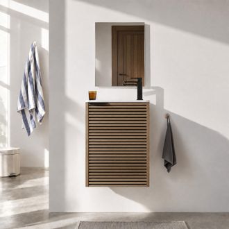 Aurlane Mueble Compacto Acanalado Madera Y Negro Con Lavabo Y Espejo 40x50x22cm