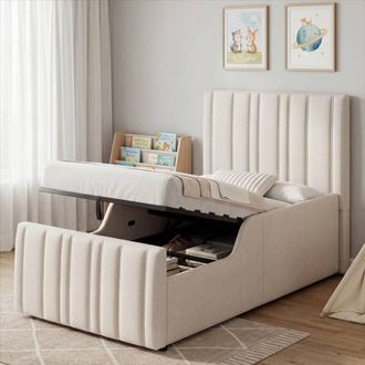 Merax 3ft Single Linen Upholstered Bed, Ottoman Storage Bed Frame in Beige