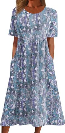 Generic Summer Dresses for Women UK Floral Print Midi Dresses Crew Neck Short Sleeve Casual Dress Loose Tunic T-Shirts Dress Ladies Sundress with Pockets Wedd