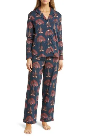 Desmond & Dempsey Long Sleeve Cotton Pajamas in Ravenala Navy at Nordstrom, Size X-Small