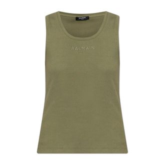 Balmain Sleeveless Tops, female, Green, Size: XS Top with embroidered logo