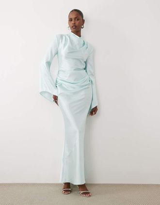 Daska Vestito lungo in raso blu ghiaccio arricciato con scollo ad anello