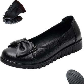 Generic Womens Black Leather Low Wedge Slip-On Shoes, Closed Toe Wedge Pumps with Bow Detail, Lightweight Non-Slip Comfortable Dress Casual Shoes (3.5)