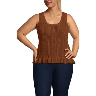Lands End Cotton Boucle Ruffle Hem Sleeveless Sweater in Rich Ginger Brown at Nordstrom, Size 1 X