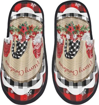 Generic Camping Slippers Red Black Buffalo Gnomes Xmas Lightweight House Slippers Breathable Anti-Slide Slipper For Ladies Travel Room L