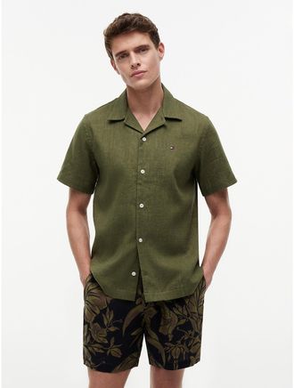 Tommy Hilfiger Mens Regular Fit Linen-Blend Camp Shirt - Green - XXL