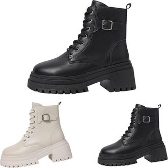 Generic Platform Combat Boots for Women, Lace-Up Ankle Boots with Buckle, 4.5 cm Heel, Black and Beige
