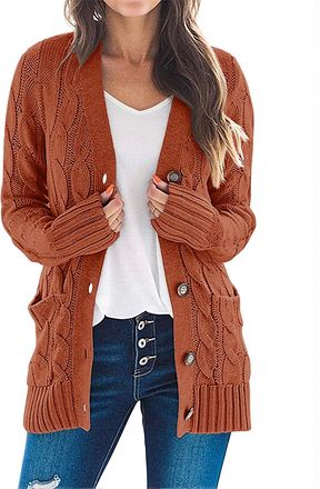Merokeety Womens Long Sleeve Cable Knit Sweater Open Front Cardigan Button Loose Outerwear, Rust, Small