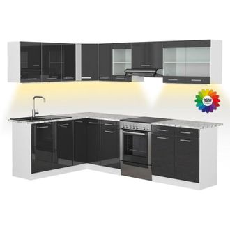 Vicco Cocina Esquinera Rick, Blanco/antracita Alto Brillo, 267 X 167 Cm, Et M&aacute;rmol Con Tira De Led