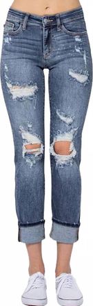 Judy Blue Mid Rise Cuffed Boyfriend Fit Jeans In Medium Blue