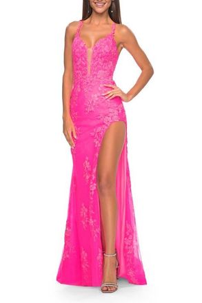 La Femme Lace Fitted Dress with Deep V-Neckline and Lace Applique in Neon Pink at Nordstrom, Size 10