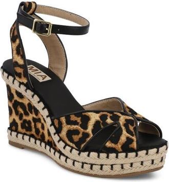 Mia Mallorca Ankle Strap Espadrille Genuine Calf Hair Platform Wedge Sandal in Leopard Calf Hair at Nordstrom, Size 6.5