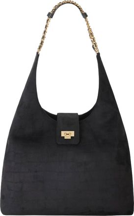 Elisabetta Franchi Suede Hobo Bag With Crocodile Embossing And Gold Chain Details