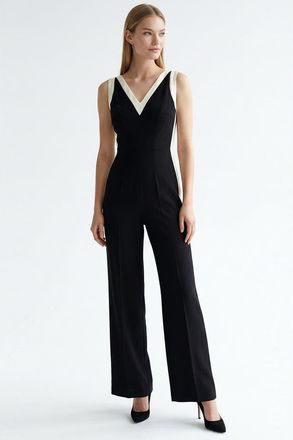 Exquise V-Neck Sleeveless Regular Fit Jumpsuit With White Stripes in Black at Nordstrom, Size X-Large