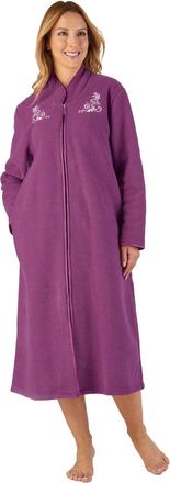 Slenderella Womens Zip Through Dressing Gown, Soft Boucle Fleece Embroidered Housecoat (Plum, Small, UK 10-12)
