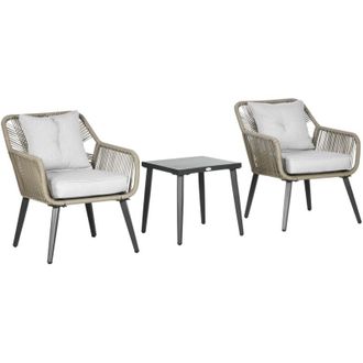 OUTSUNNY Set Tavolino e Sedie da Giardino 3pz in Rattan PE e Acciaio Grigio