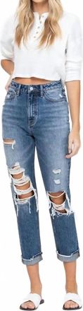 Flying Monkey Emma Distressed Cuffed Mom Jeans In Dark Blue