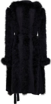 The Attico Womens Belted Knit Cardigan With Feather Trim - Black Alpaca Cardigans Sweater