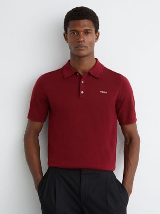 Reiss Red Merino Wool Logo Polo Shirt, XL