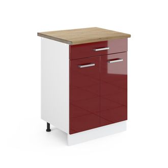 Vicco Mueble Bajo De Cocina R-line, Rojo Burdeos Alto Brillo, 60 Cm Con Caj&oacute;n, Et Roble Vicco