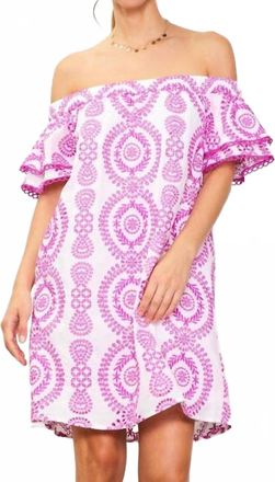 Skies Are Blue Clothing Embroidered Eyelet Off-Shoulder Dress In White-Rose Violet