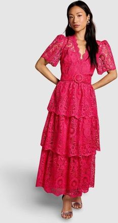 Coast Short Sleeve Tiered Lace Midi Dress in Raspberry at Nordstrom, Size 6