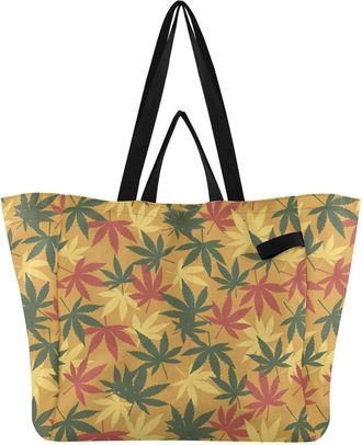 Generic Fall Leaves Orange pattern Reusable Canvas Tote Bag, Heavy Duty Grocery Shopping Bag with Large Capacity Double Handles Hard Bottom Work Groceries Tra
