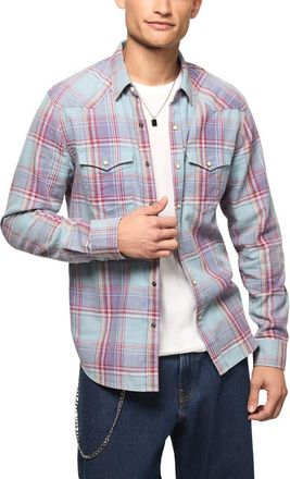 Lucky Brand Plaid Flannel Acid Wash Western Shirt in Blue Multi at Nordstrom, Size Medium