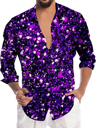 Generic Mens Sequin Shirt Long Sleeve Glitter SparkIe Shirt for Carnival Festival Party Nightclub Fancy Dress Shiny Disco Costume Tops Button Down for Men Sta