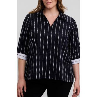 Foxcroft Agnes Dot Stripe Three-Quarter Sleeve Cotton Popover Top in Black/white at Nordstrom, Size 3X
