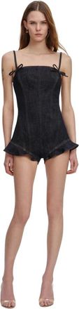Self Portrait Indigo Denim Bow Playsuit - female - Self Portrait - Playsuits - Blue - XS - Jumpsuits & Playsuits