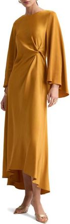 Mango Twist Flutter Sleeve Satin Dress in Ochre at Nordstrom, Size 6