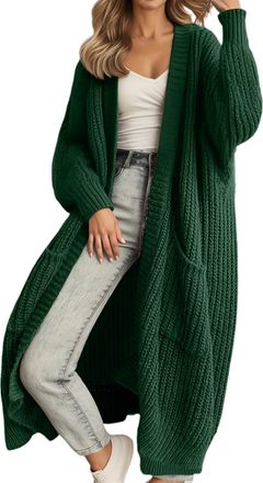 Generic Womens Long Cardigans Oversized Open Front Sweater Casual Solid Color Loose Knitted Cardigan with Pockets (UK, Alpha, XXL, Regular, Regular, Green)