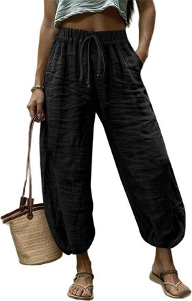 Generic Palazzo Capris for Women Womens Cotton Linen Harem Trousers - Boho Casual Drawstring Elastic Waist Baggy Pants for Yoga Beach Black