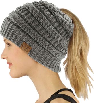 C.C Exclusives Soft Stretch Cable Knit Messy Bun Ponytail Beanie Winter Hat for Women (MB-20A), Solid Lt. Melange Gray, One Size