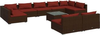 vidaXL Set Muebles De Jard&iacute;n 10 Pzas Y Cojines Rat&aacute;n Sint&eacute;tico Marr&oacute;n Vidaxl