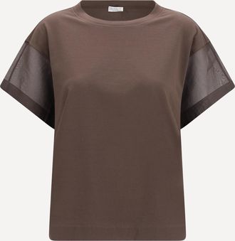Brunello Cucinelli T-shirt in cotone con maniche e inserti laterali trasparenti Woman XS