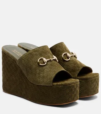 Gucci Horsebit GG suede wedge mules