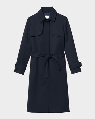 Sandro Navy Pleated-Back Belted Trench Coat