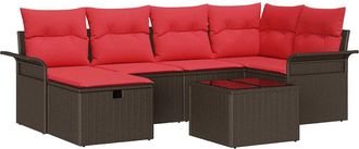 vidaXL Conjunto De Sof&aacute; De Jard&iacute;n 7 Uds. Marr&oacute;n Y Rojo Rat&aacute;n Sint&eacute;tico Vidaxl