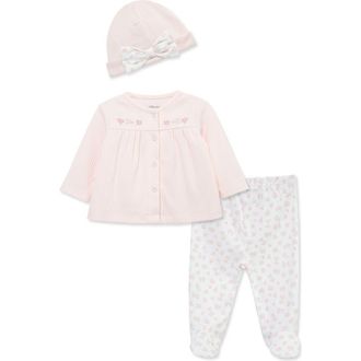 Little Me Pretty Floral Organic Cotton Cardigan, Pants & Hat Set in Pink at Nordstrom, Size Newborn