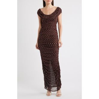 Black Halo Evangeline Polka Dot Mesh Gown in Cocoa Dot at Nordstrom, Size X-Large