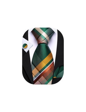 Barry.Wang Mens Green Tie Silk Tartan Necktie Plaid Pocket Square Cuff Links Sets Wedding Business