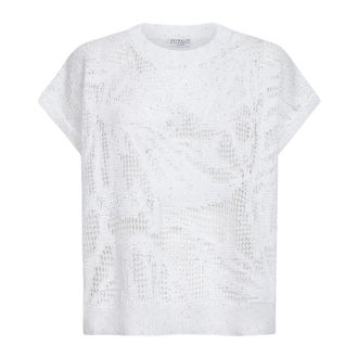 Brunello Cucinelli Brunello Cucinelli, Round-neck Knitwear, female, White, Size: XL Openwork Knit Top