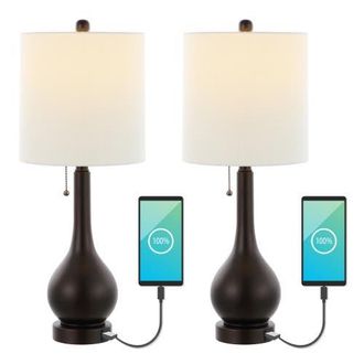 Jonathan Y Designs Tyler 24 Modern Classic Gourd Iron LED Table Lamp with Pull-Chain with Dual USB Charging Port in Oil Rubbed Bronze at Nordstrom